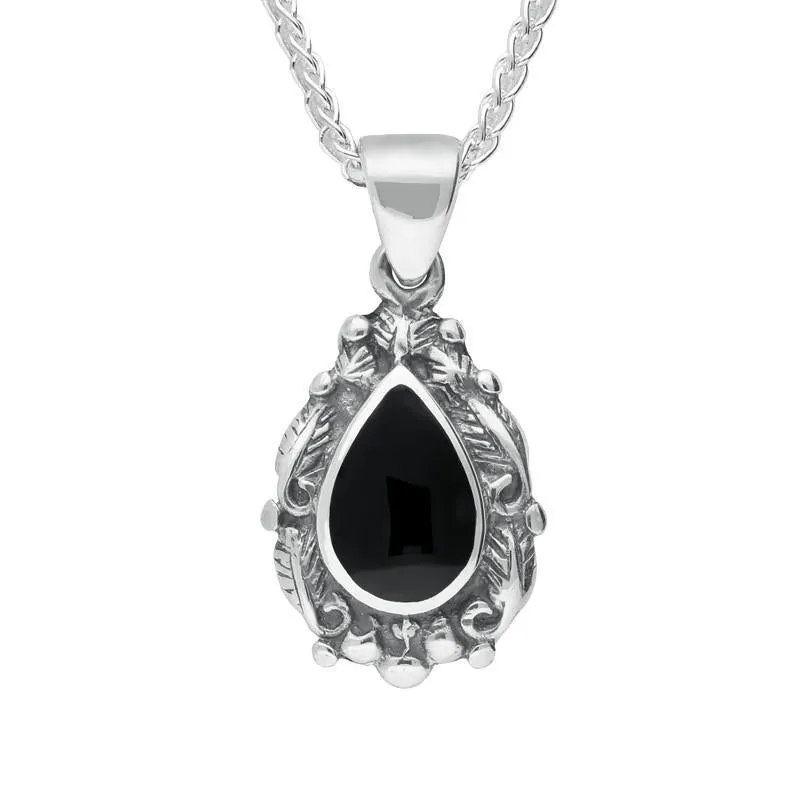 Sterling Silver Whitby Jet Heritage Pear Shaped Leaf Drop Necklace sold by Jura Watches