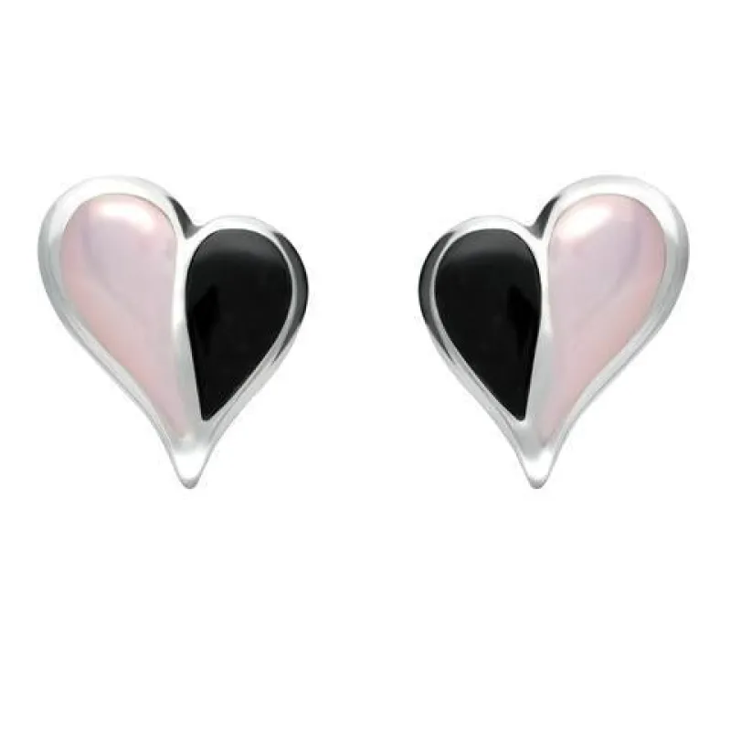 Sterling Silver Whitby Jet Pink Mother of Pearl Split Heart Stud Earrings sold by Jura Watches