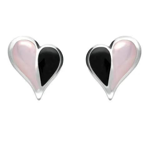 Sterling Silver Whitby Jet Pink Mother of Pearl Split Heart Stud Earrings sold by Jura Watches