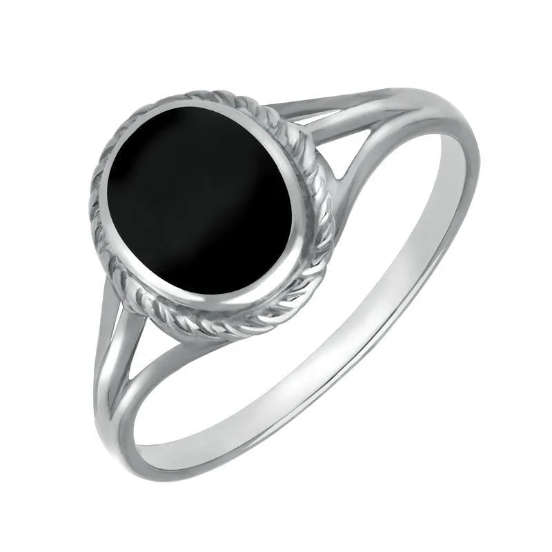 Sterling Silver Whitby Jet Oval Rope Edged Ring sold by Jura Watches
