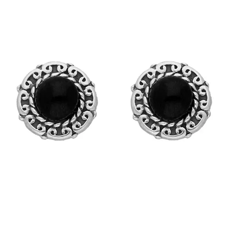 Sterling Silver Whitby Jet Round Beaded Edge Stud Earrings sold by Jura Watches