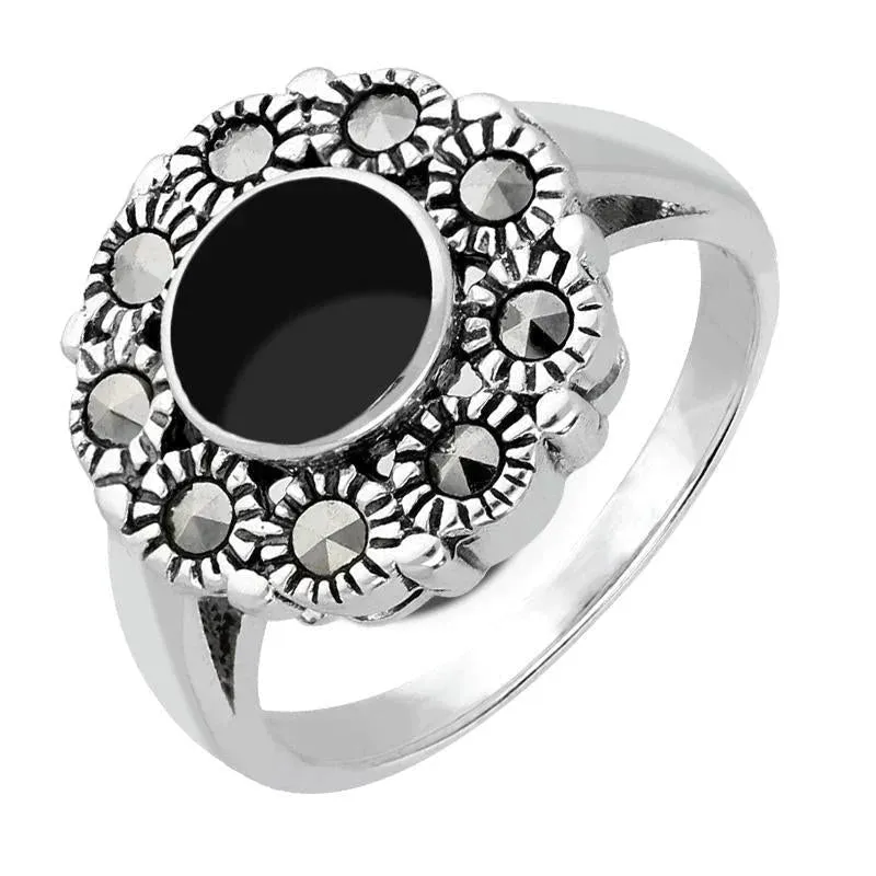Sterling Silver Whitby Jet Vintage Round Centre Marcasite Ring sold by Jura Watches