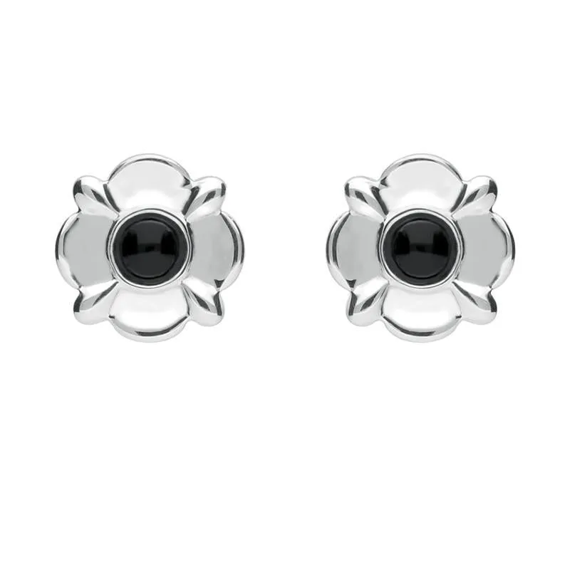 Sterling Silver Whitby Jet Four Petal Flower Stud Earrings sold by Jura Watches