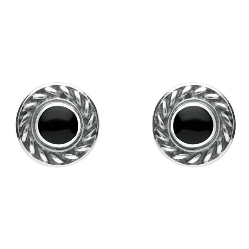 Sterling Silver Whitby Jet Round Rope Edge Stud Earrings sold by Jura Watches