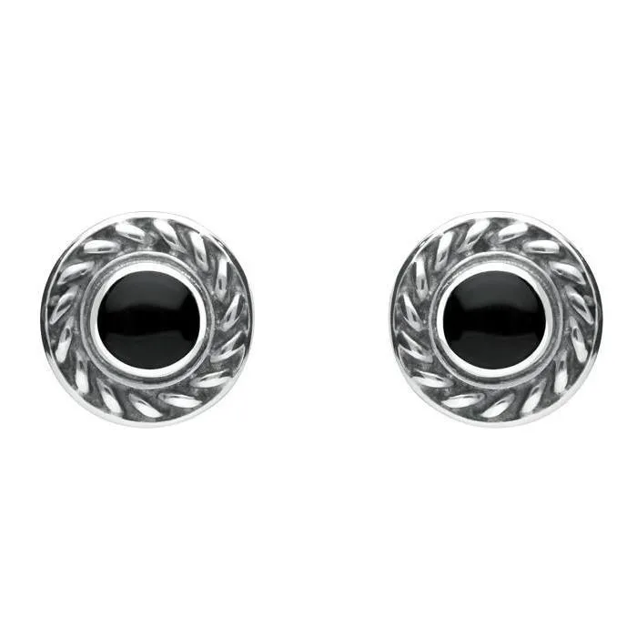 Sterling Silver Whitby Jet Round Rope Edge Stud Earrings sold by Jura Watches
