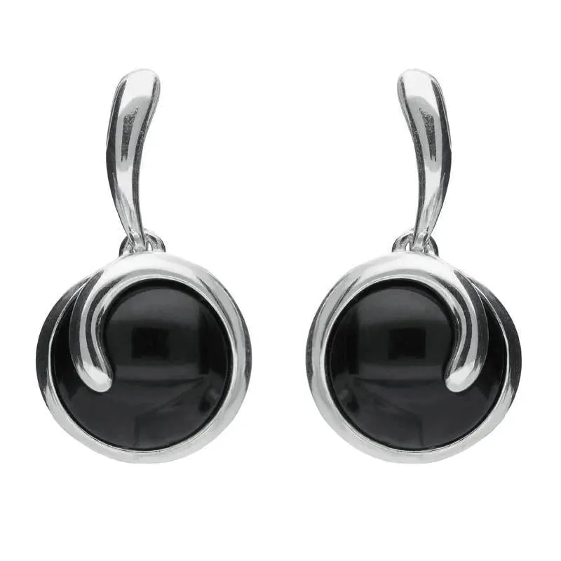 Sterling Silver Whitby Jet Round Swirl Drop Earrings sold by Jura Watches