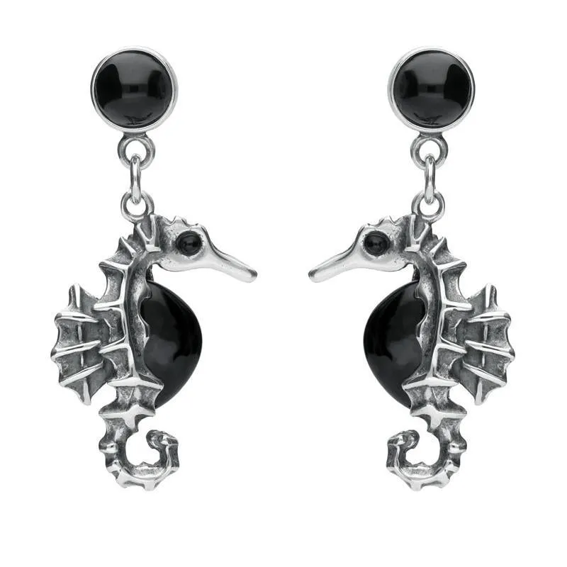 Sterling Silver Whitby Jet Seahorse Drop Earrings sold by Jura Watches