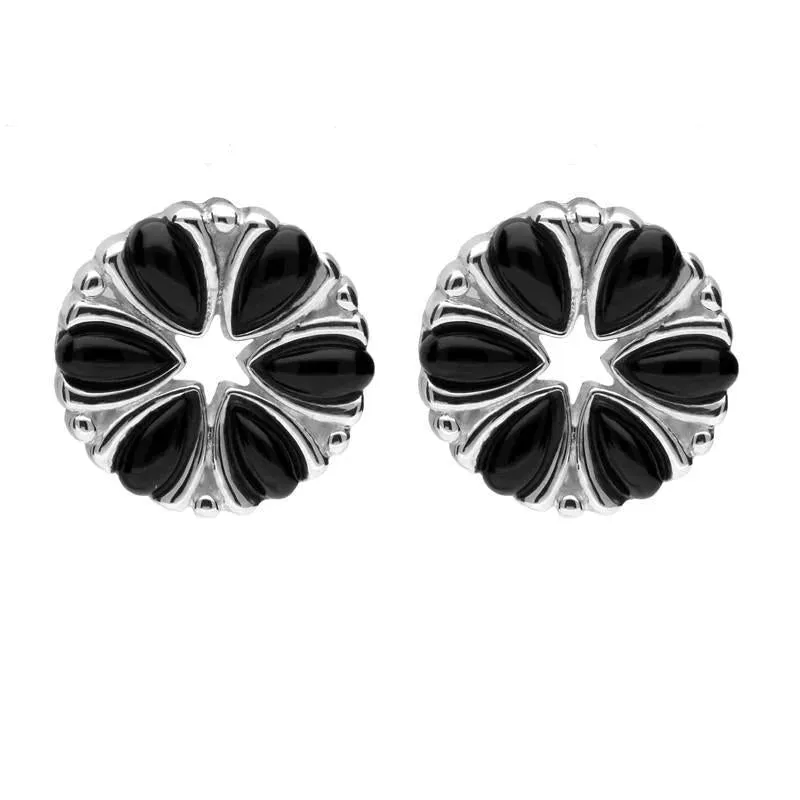 Sterling Silver Whitby Jet Six Stone Flower Stud Earrings sold by Jura Watches