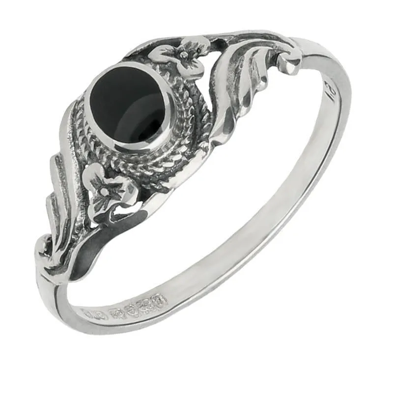 Sterling Silver Whitby Jet Small Fancy Scroll Ring sold by Jura Watches