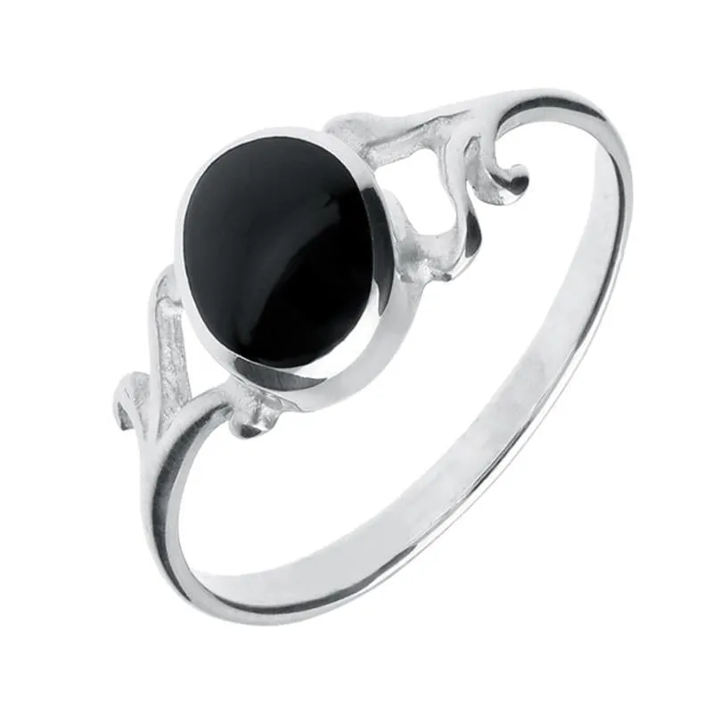 Sterling Silver Whitby Jet Small Scroll Ring sold by Jura Watches