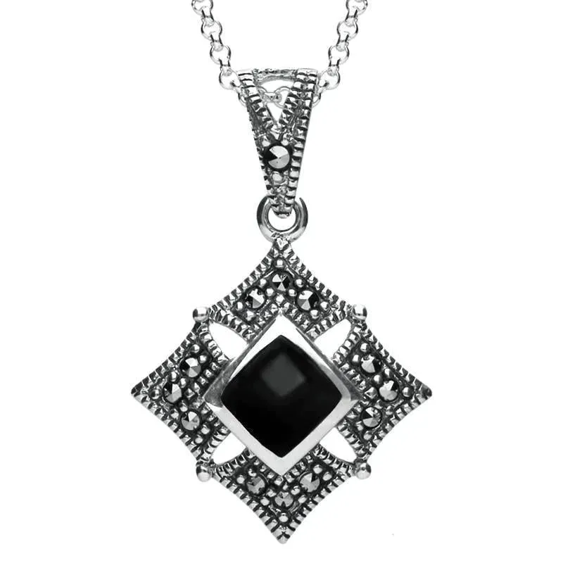 Sterling Silver Whitby Jet Square Marcasite Necklace sold by Jura Watches