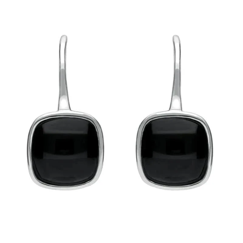 Sterling Silver Whitby Jet Stone Cushion Drop Earrings sold by Jura Watches