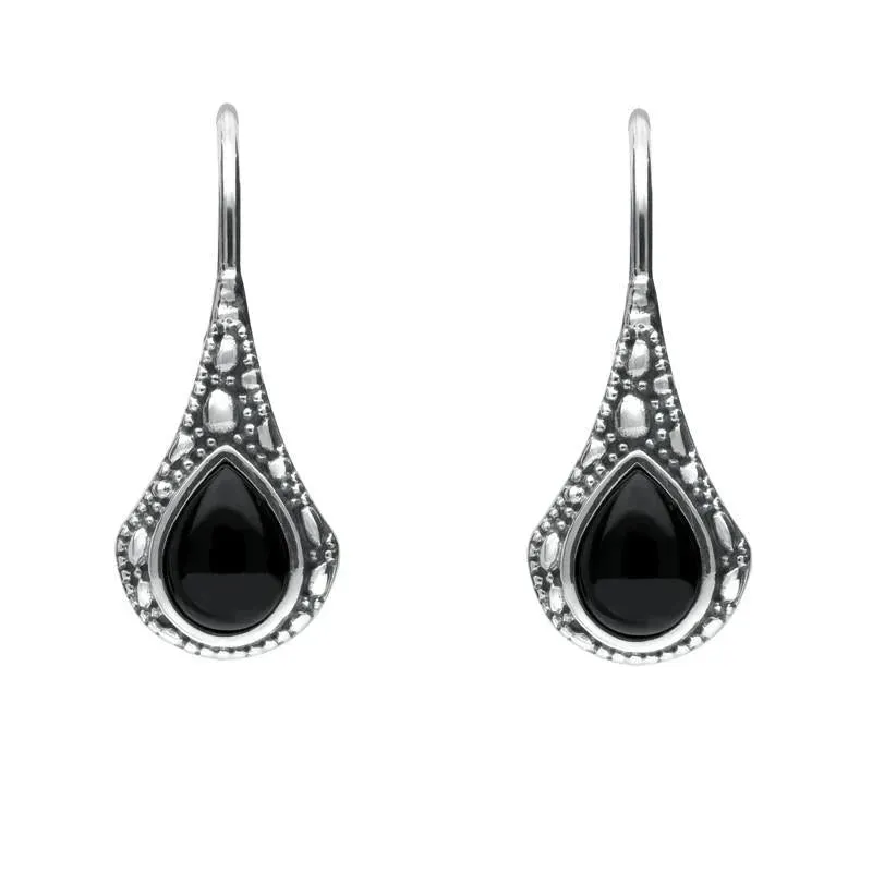 Sterling Silver Whitby Jet Stone Teardrop Oxidised Drop Earrings sold by Jura Watches