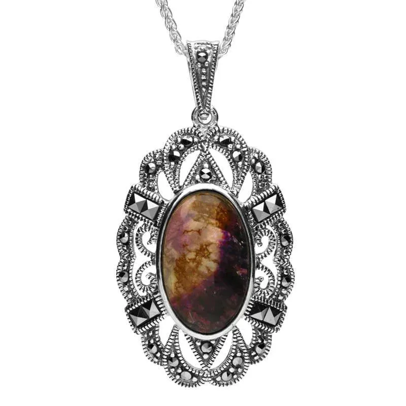 Sterling Silver Blue John Marcasite Lace Edged Oval Necklace sold by Jura Watches