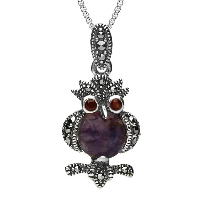 Sterling Silver Blue John Marcasite Garnet Owl Necklace sold by Jura Watches