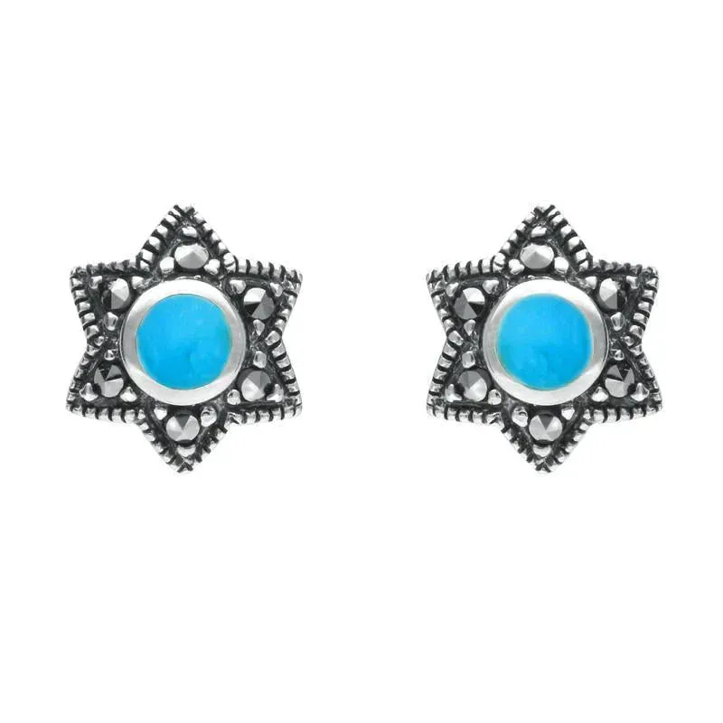 Sterling Silver Turquoise Marcasite Six Point Star Stud Earrings sold by Jura Watches