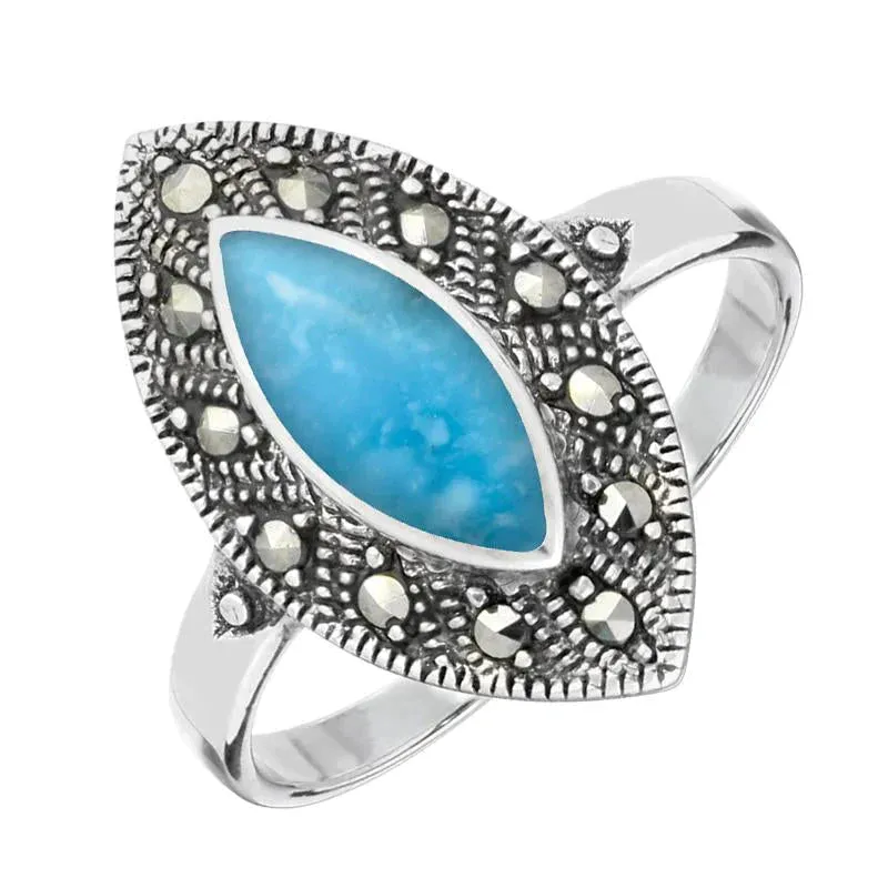 Sterling Silver Turquoise Marcasite Beaded Edge Marquise Ring sold by Jura Watches