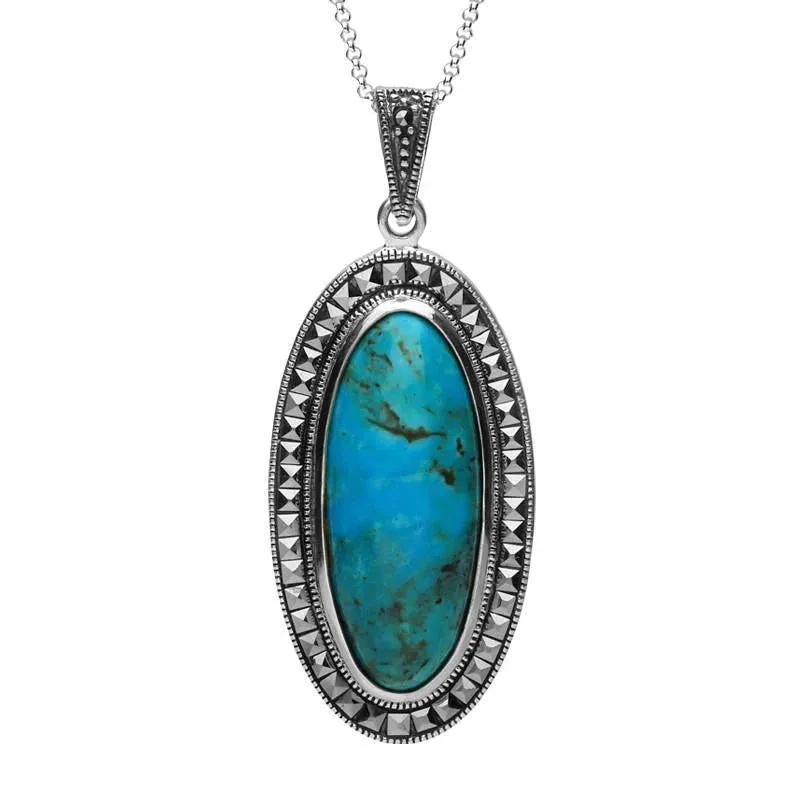 Sterling Silver Turquoise Marcasite Long Oval Bead Edge Necklace sold by Jura Watches