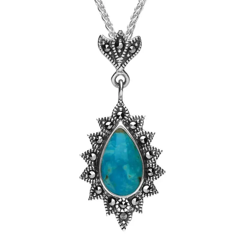 Sterling Silver Turquoise Marcasite Beaded Edge Pear Necklace sold by Jura Watches