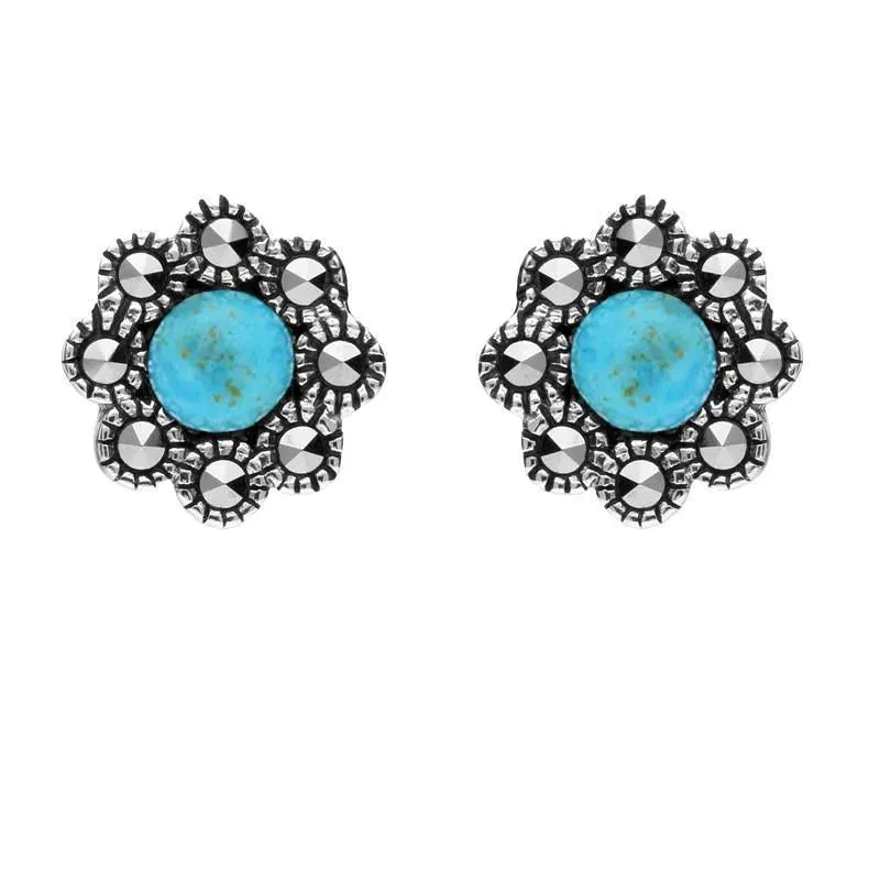 Sterling Silver Turquoise Marcasite Round Edge Bead Stud Earrings sold by Jura Watches