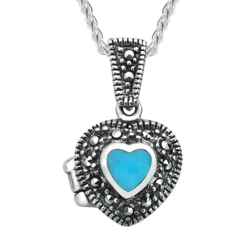 Sterling Silver Turquoise Marcasite Small Bead Edge Heart Locket sold by Jura Watches