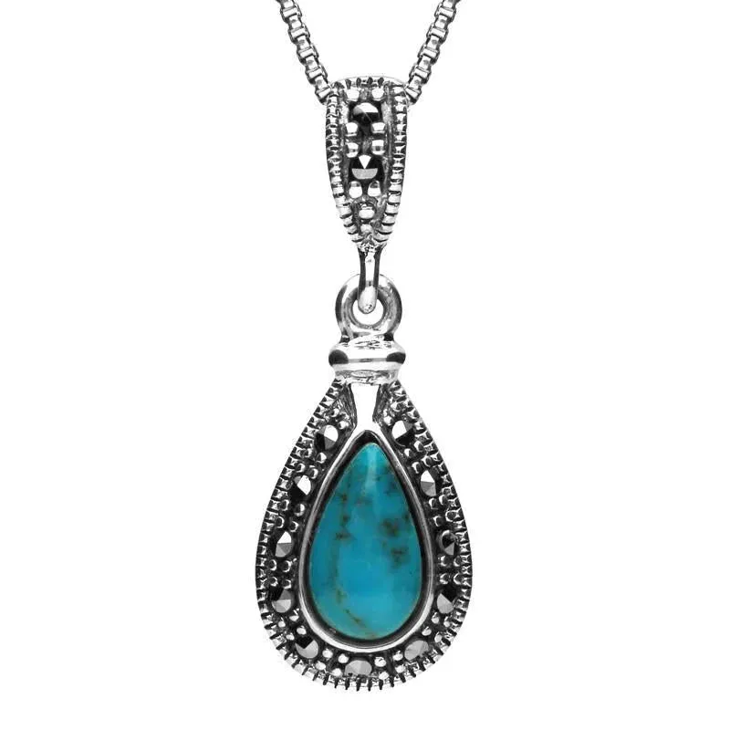 Sterling Silver Turquoise Marcasite Small Beaded Pear Necklace sold by Jura Watches