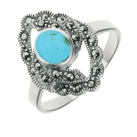 Sterling Silver Turquoise Marcasite Twisted Centre Marquise Ring sold by Jura Watches