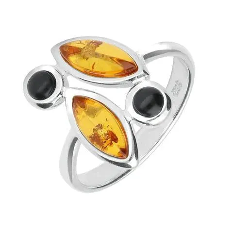 Sterling Silver Whitby Jet Amber Four Stone Marquise Ring sold by Jura Watches