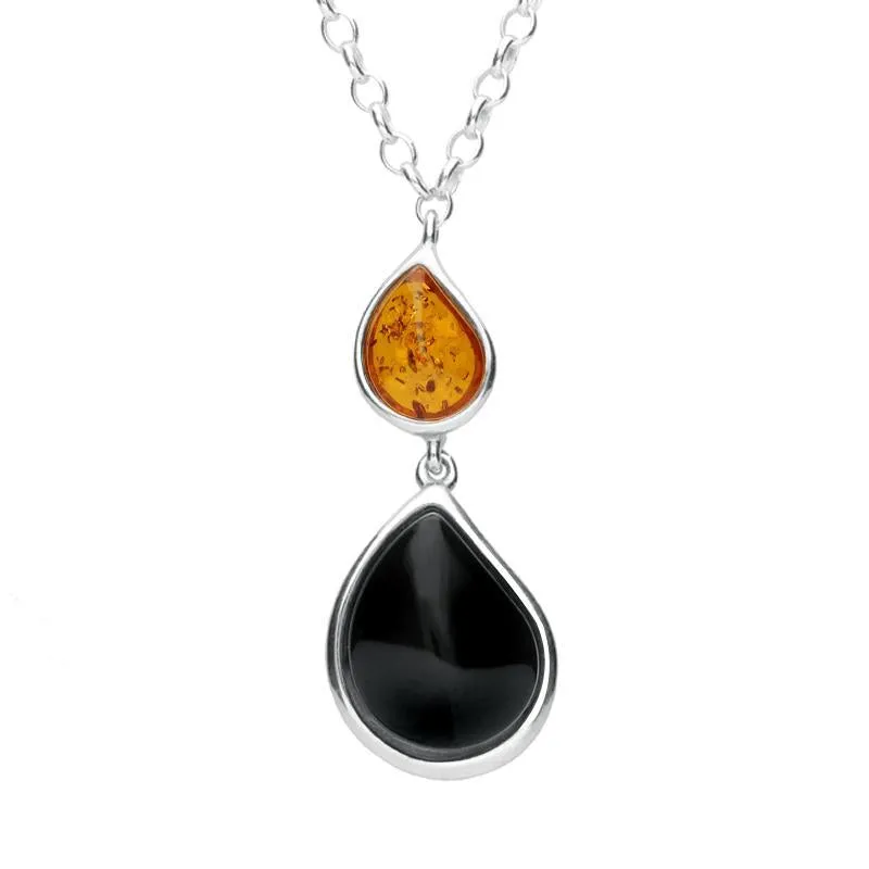 Sterling Silver Whitby Jet Amber Two Stone Pear Drop Necklace sold by Jura Watches