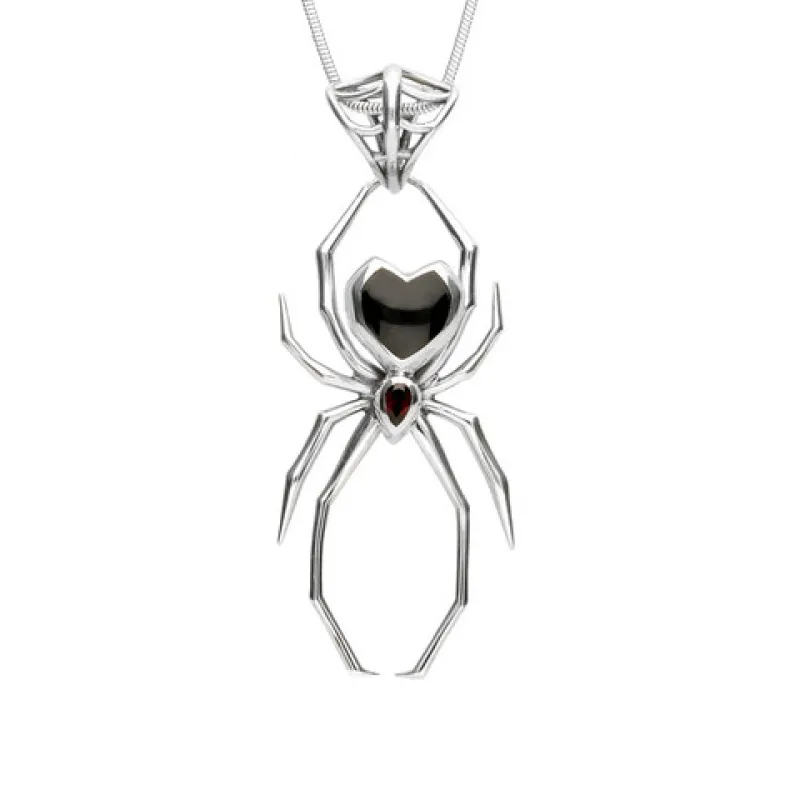 Sterling Silver Whitby Jet and Garnet 55mm Spider Web Bail Necklace sold by Jura Watches