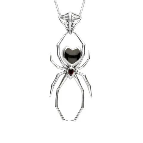 Sterling Silver Whitby Jet and Garnet 55mm Spider Web Bail Necklace sold by Jura Watches