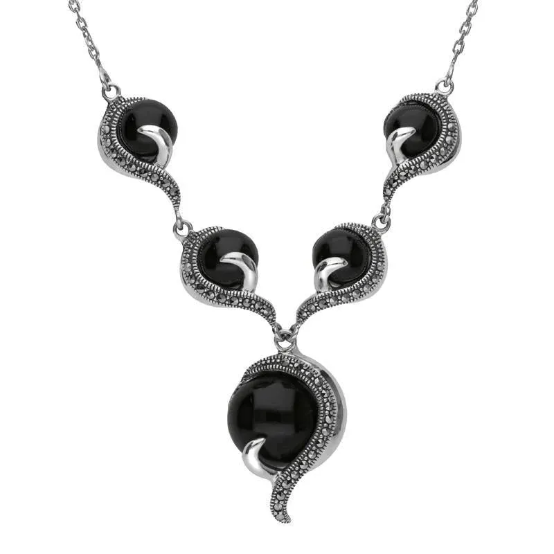 Sterling Silver Whitby Jet and Marcasite 5 Stone Swirl Necklace sold by Jura Watches