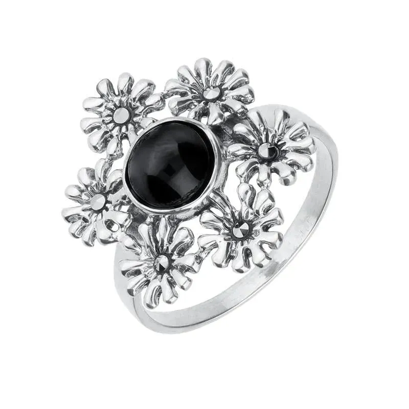 Sterling Silver Whitby Jet Marcasite Vintage 6 Flower Petal Ring sold by Jura Watches