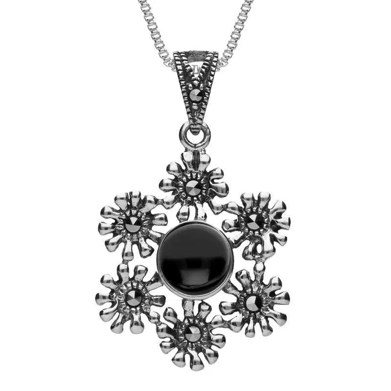 Sterling Silver Whitby Jet Marcasite Floral Necklace sold by Jura Watches
