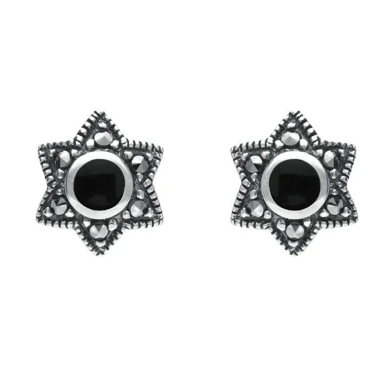 Sterling Silver Whitby Jet Marcasite Six Point Star Stud Earrings sold by Jura Watches
