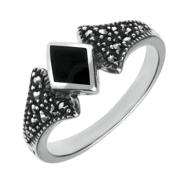 Sterling Silver Whitby Jet Marcasite Diamond Shaped Ring sold by Jura Watches