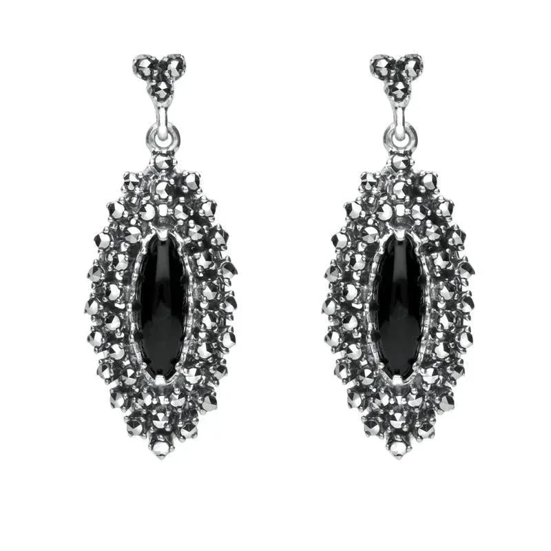 Sterling Silver Whitby Jet Marcasite Double Row Drop Earrings sold by Jura Watches
