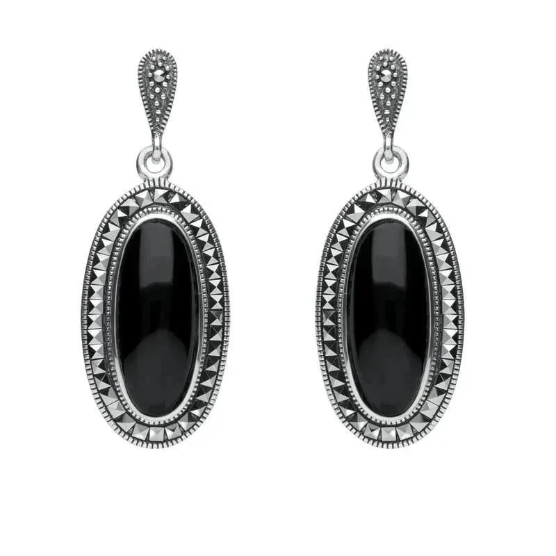 Sterling Silver Whitby Jet Marcasite Framed Drop Earrings sold by Jura Watches
