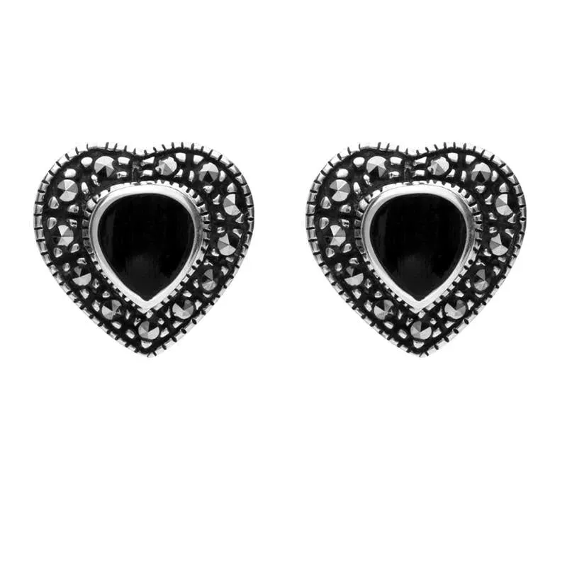 Sterling Silver Whitby Jet Marcasite Heart Shaped Stud Earrings sold by Jura Watches