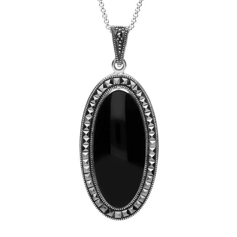 Sterling Silver Whitby Jet Marcasite Long Oval Bead Edge Necklace sold by Jura Watches