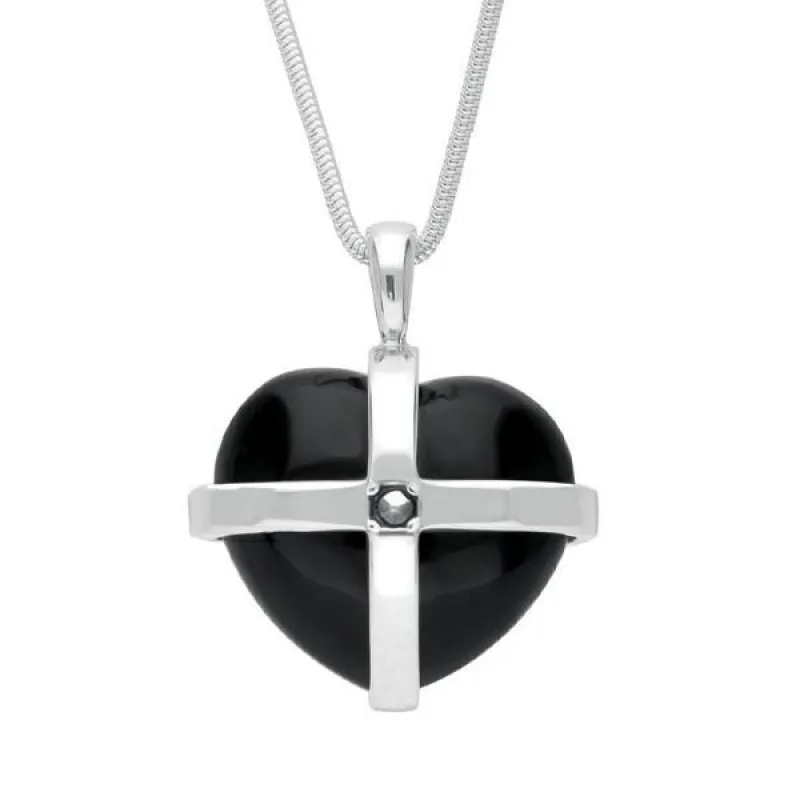 Sterling Silver Whitby Jet Marcasite Medium Cross Heart Necklace sold by Jura Watches