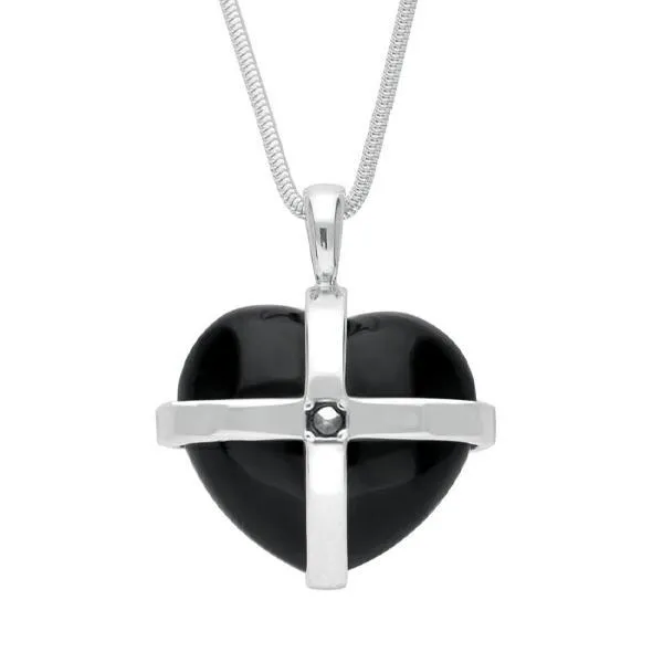 Sterling Silver Whitby Jet Marcasite Medium Cross Heart Necklace sold by Jura Watches