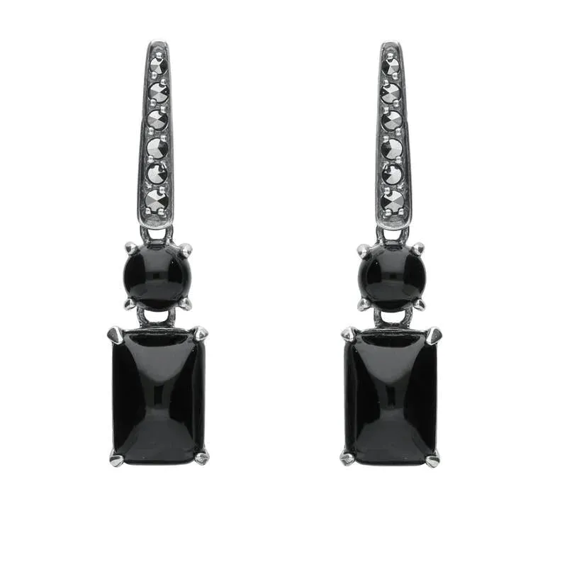 Sterling Silver Whitby Jet and Marcasite Oblong Bar Drop Earrings sold by Jura Watches