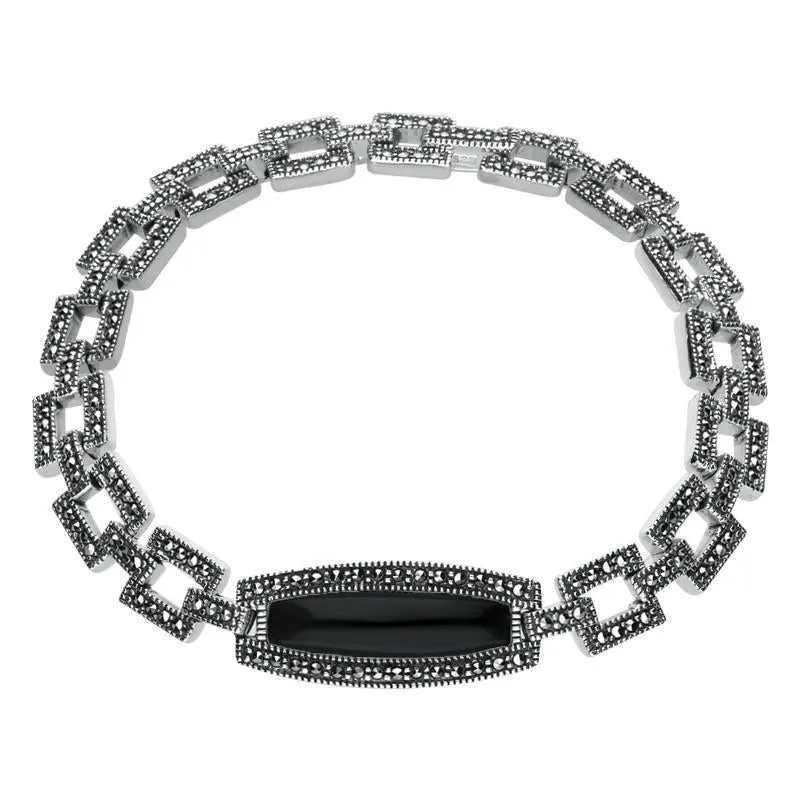 Sterling Silver Whitby Jet & Marcasite Oblong Curved Link Bracelet sold by Jura Watches