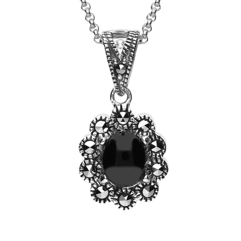 Sterling Silver Whitby Jet Marcasite Oval Beaded Edge Necklace sold by Jura Watches