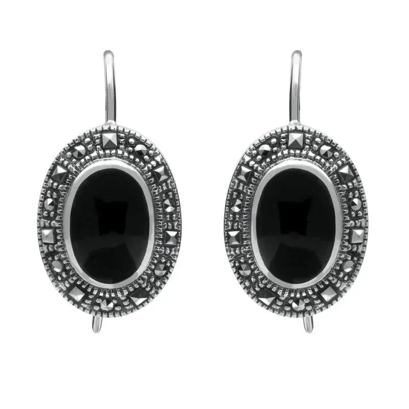 Sterling Silver Whitby Jet Marcasite Oval Drop Earrings sold by Jura Watches
