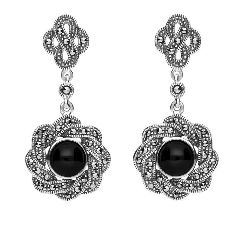 Sterling Silver Whitby Jet & Marcasite Overlap Ribbon Drop Earrings sold by Jura Watches