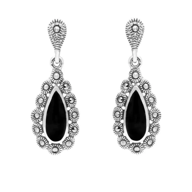 Sterling Silver Whitby Jet Marcasite Pear Centre Round Bead Earrings sold by Jura Watches