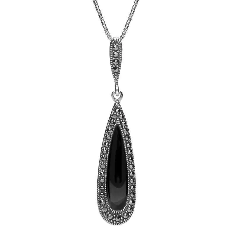 Sterling Silver Whitby Jet Marcasite Pear Drop Necklace sold by Jura Watches