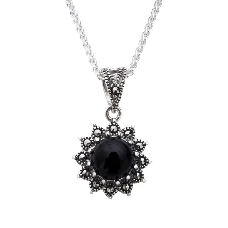 Sterling Silver Whitby Jet Marcasite Round Beaded Edge Necklace sold by Jura Watches
